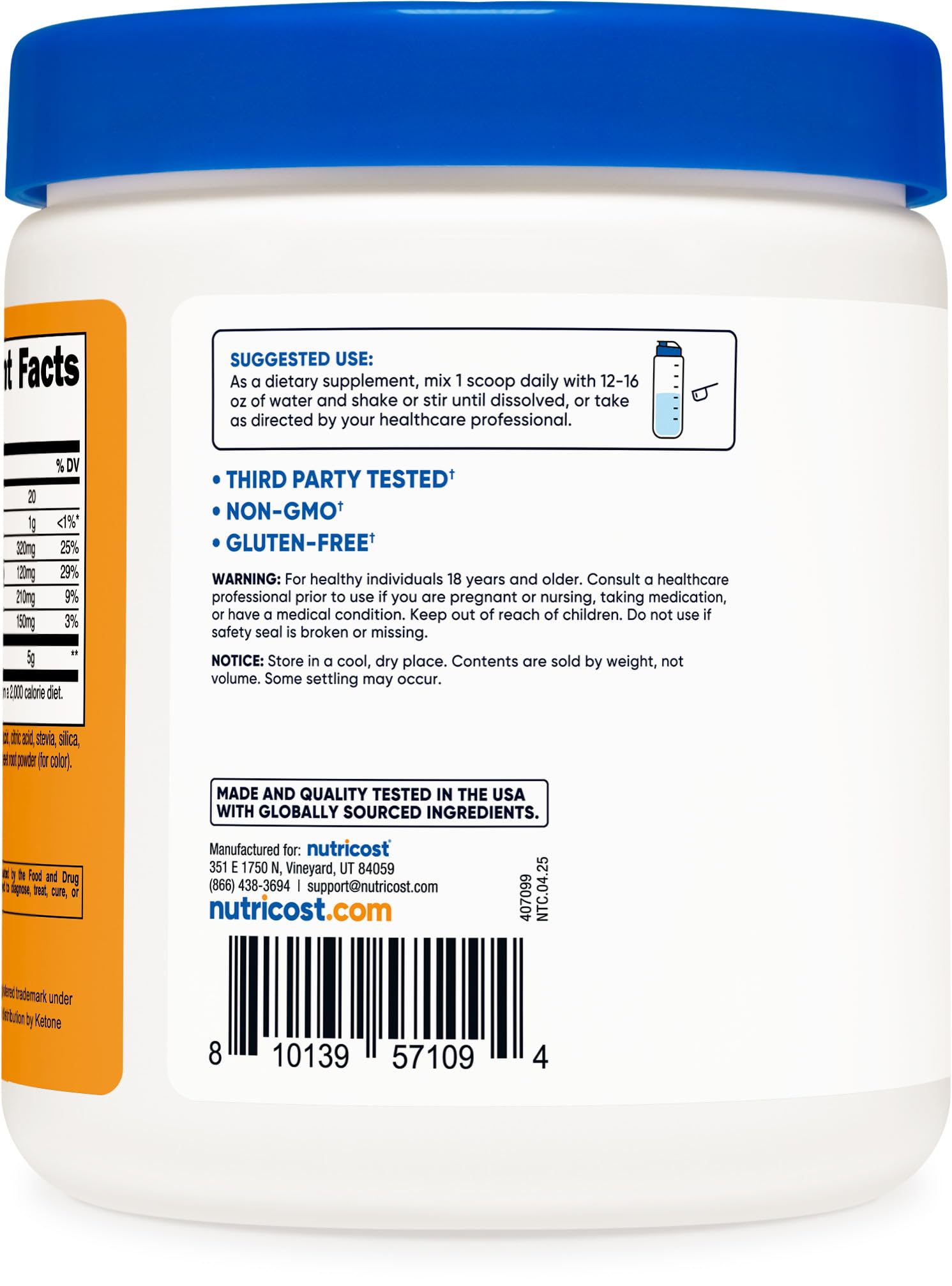 Nutricost BHB salts drink mix peach mango label with ingredients and quality checks.