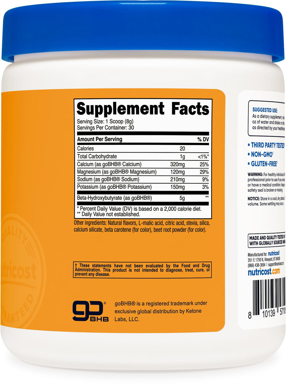 Nutricost BHB salts drink mix peach mango tub shows 30 servings.