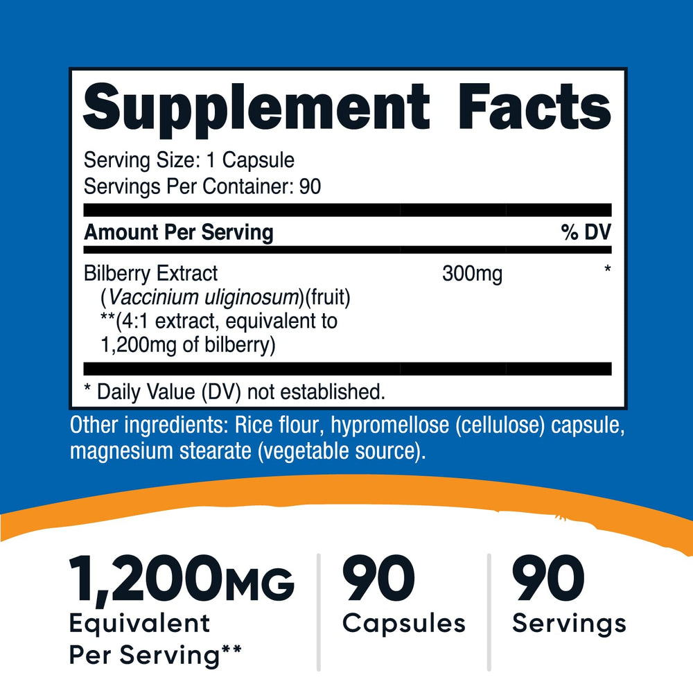 Nutricost Bilberry capsules close-up highlighting high potency 1200mg equivalent.