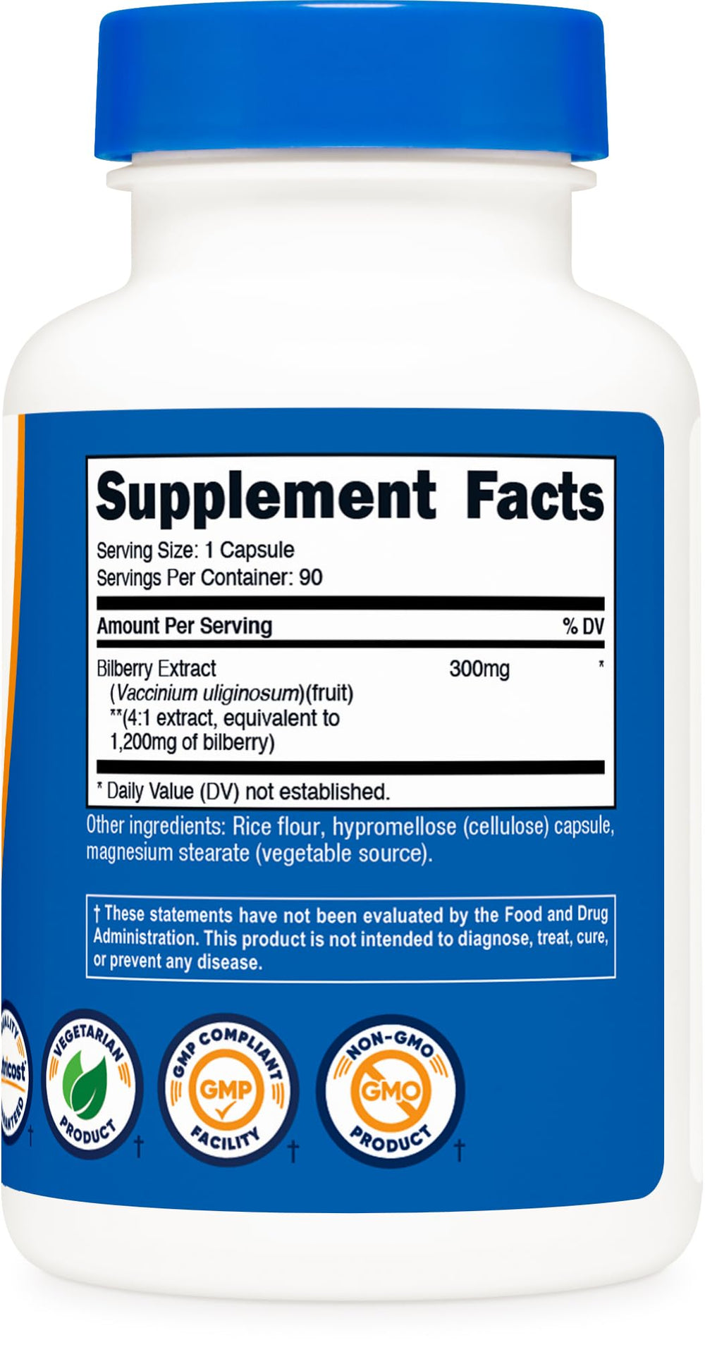 Nutricost Bilberry ingredients panel indicating third-party testing and quality.
