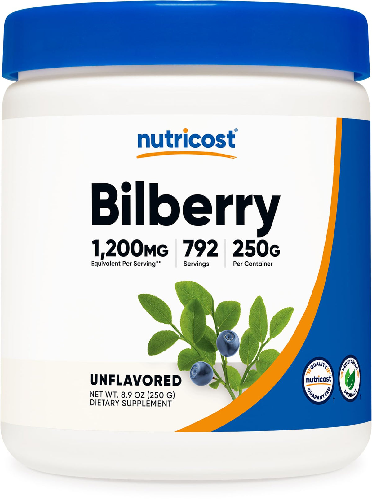 Nutricost Bilberry Powder bottle 250g for daily use.