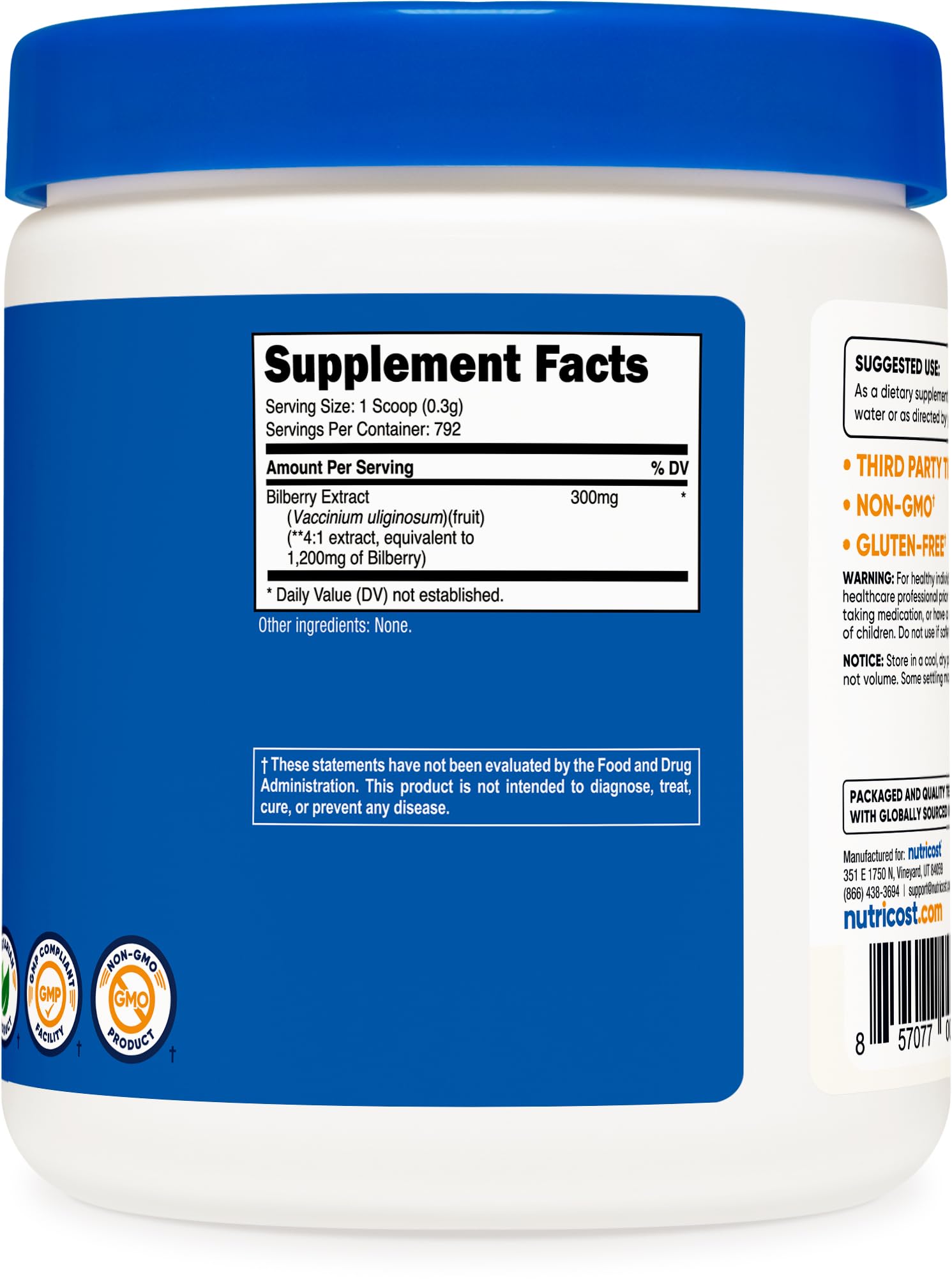 Nutricost Bilberry Powder nutrition label shown for transparency.