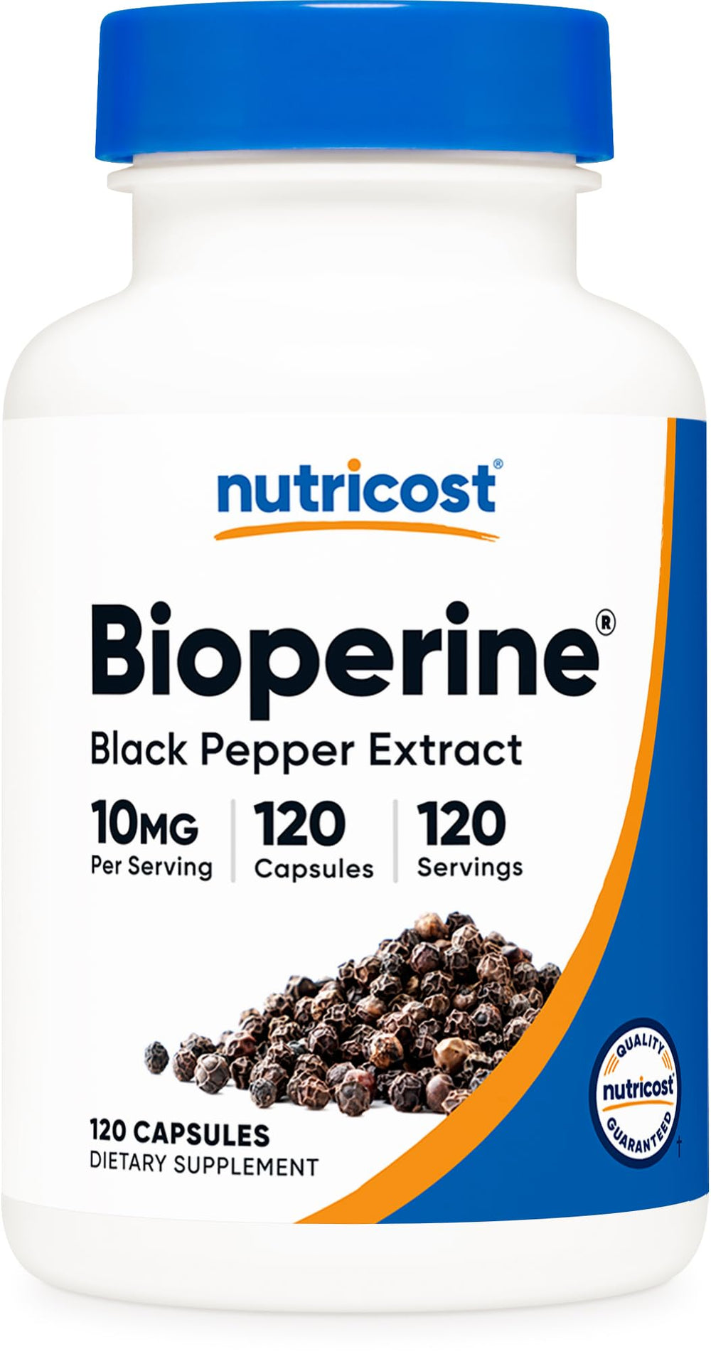 Nutricost Bioperine bottle front view showing 120 capsules for daily use.