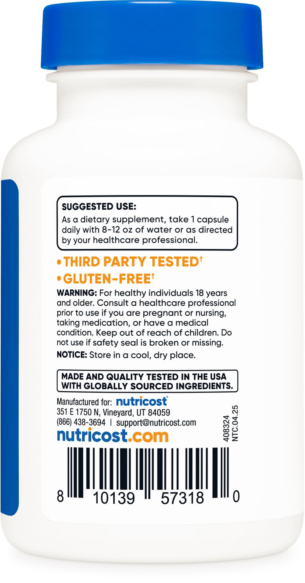Nutricost Bioperine bottle side view illustrating GMP manufacturing quality.