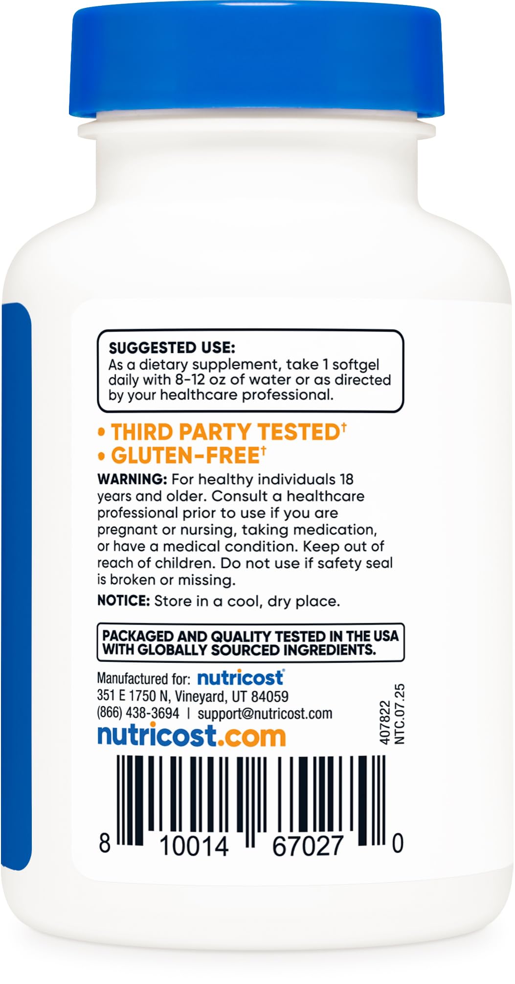 Nutricost Biotin 5000mcg bottle side, GMP compliant manufacturing noted.