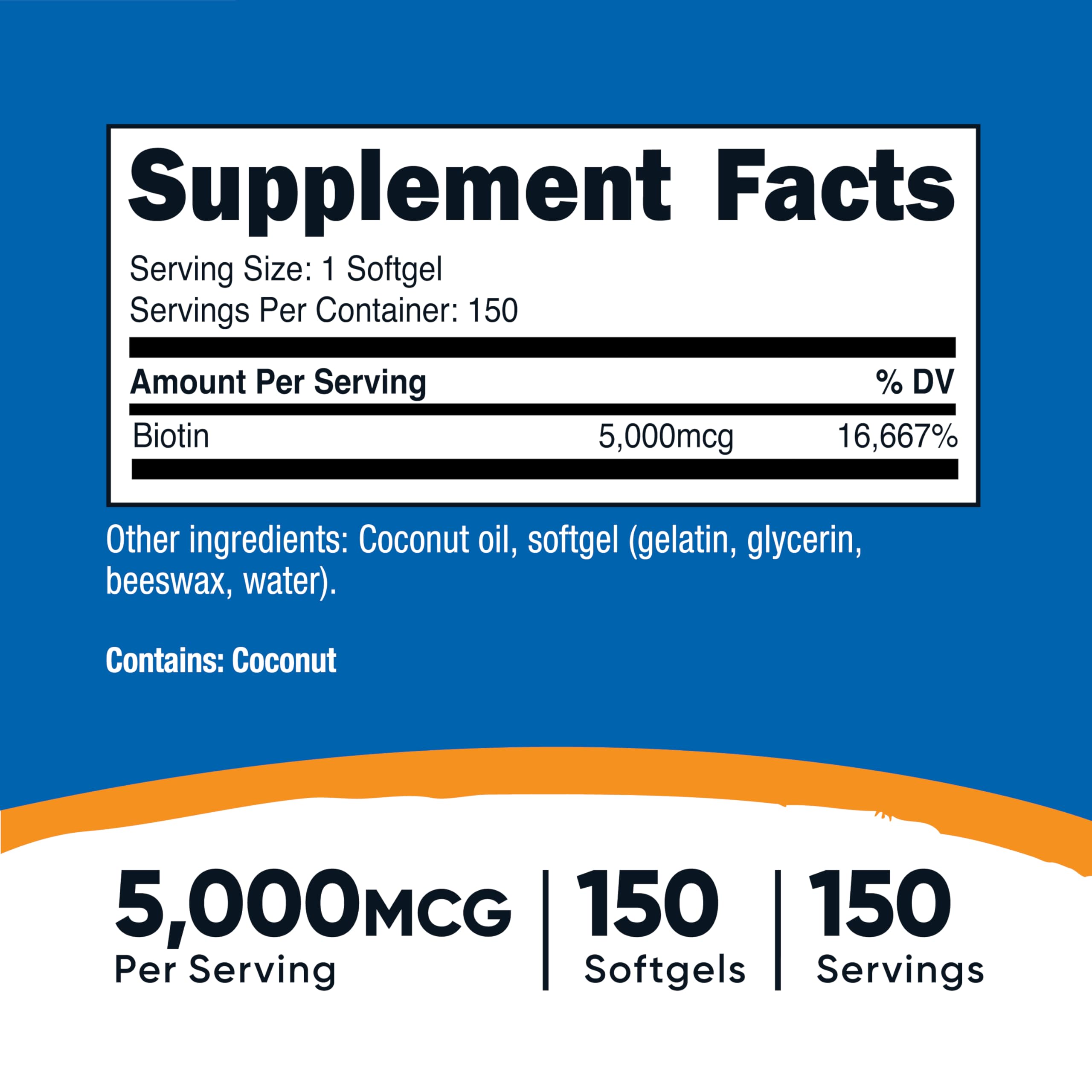 Nutricost Biotin 5000mcg softgels close-up, convenient once-daily capsules.