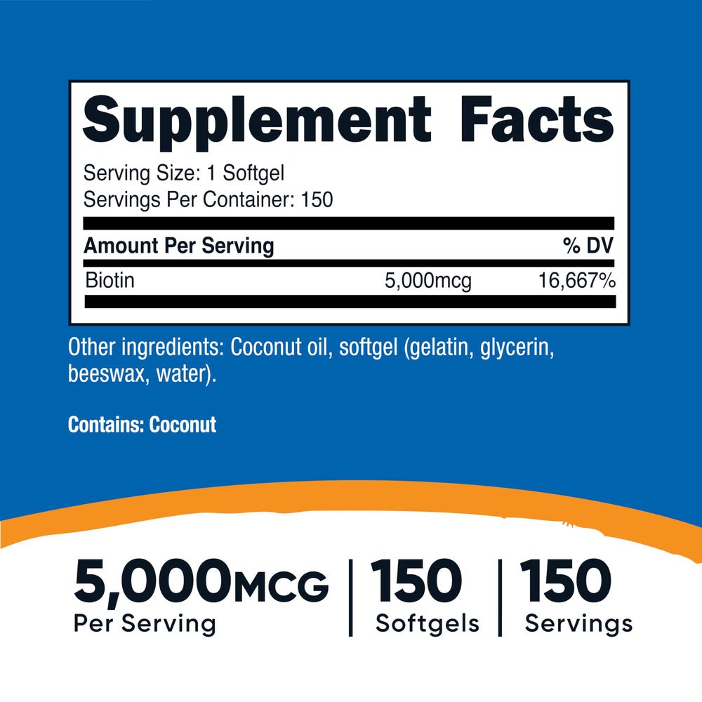 Nutricost Biotin 5000mcg softgels close-up, convenient once-daily capsules.