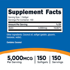 Nutricost Biotin 5000mcg softgels close-up, convenient once-daily capsules.