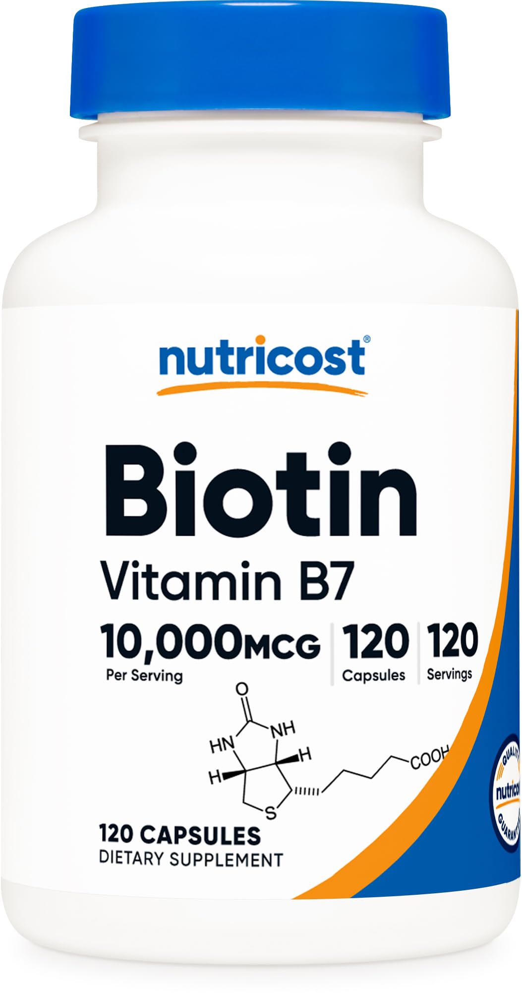 Nutricost Biotin bottle front view showing 10,000 mcg potency for daily use.
