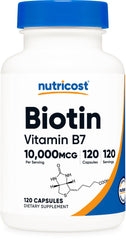 Nutricost Biotin bottle front view showing 10,000 mcg potency for daily use.