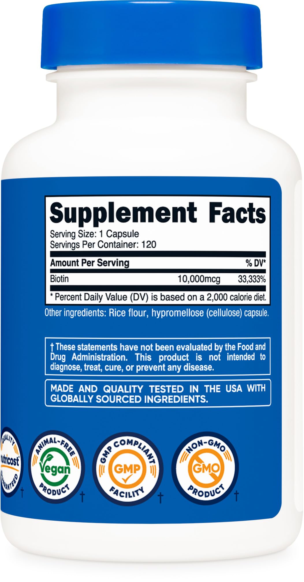 Nutricost Biotin 120 capsules pack emphasizes value and easy dosing.