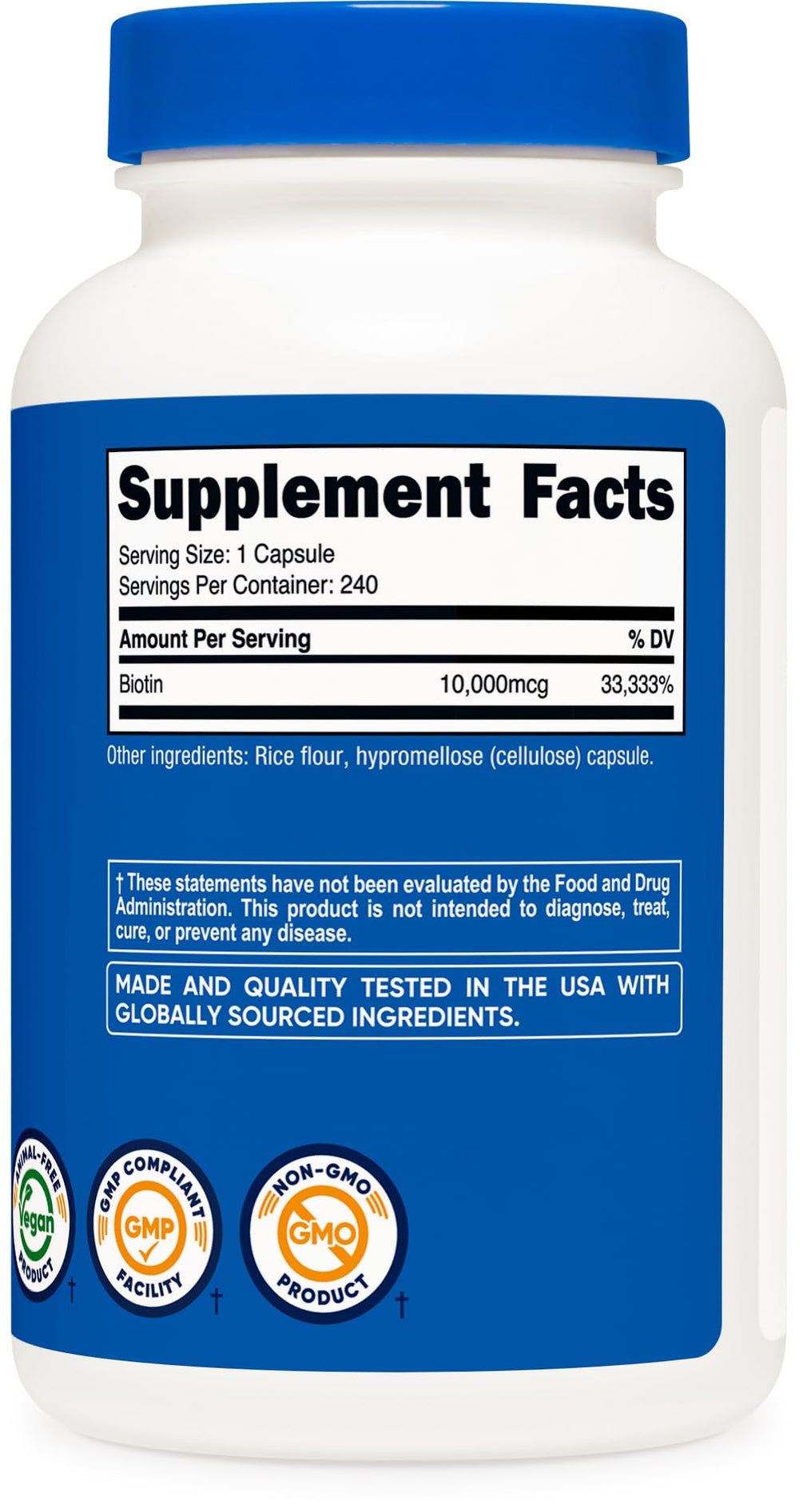 Nutricost Biotin non-GMO gluten-free formula highlighted for clean ingredients.