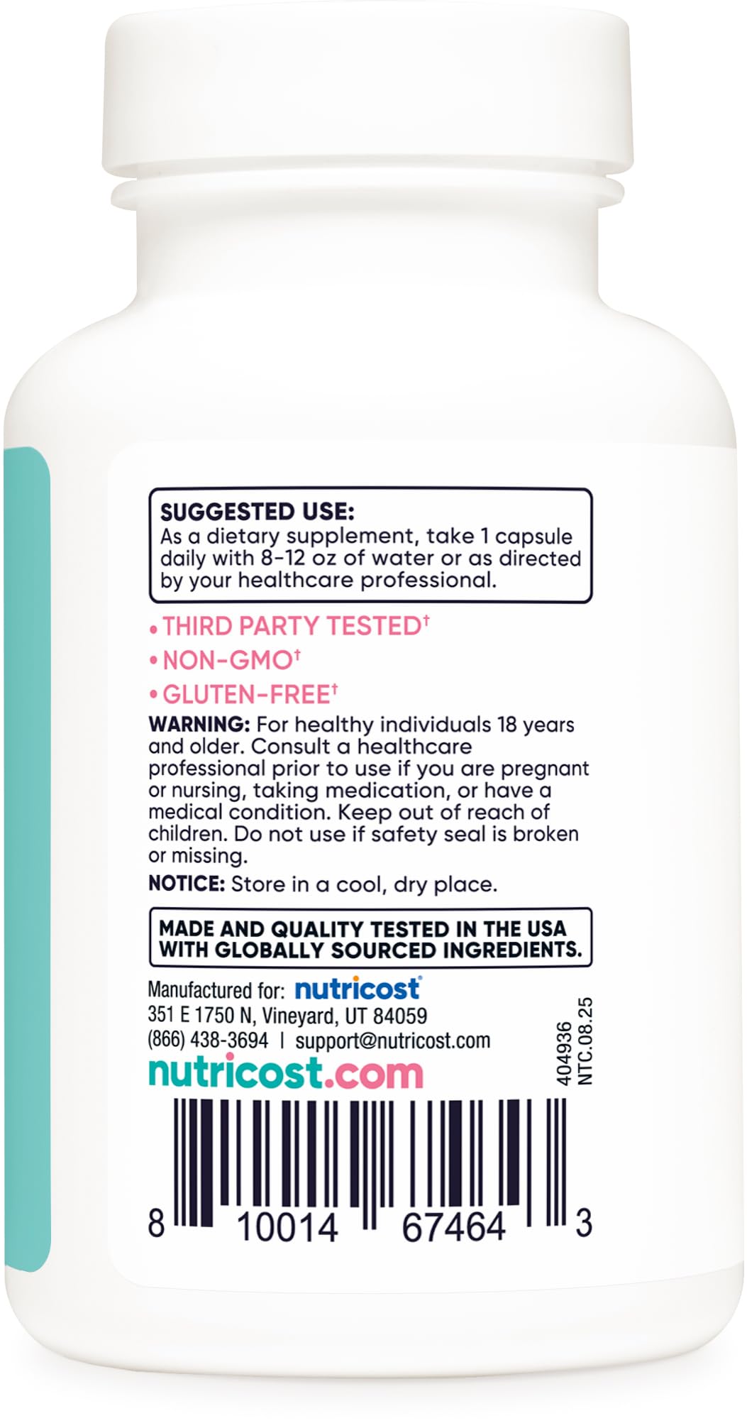 Gluten-free and non-GMO label on Nutricost Biotin packaging