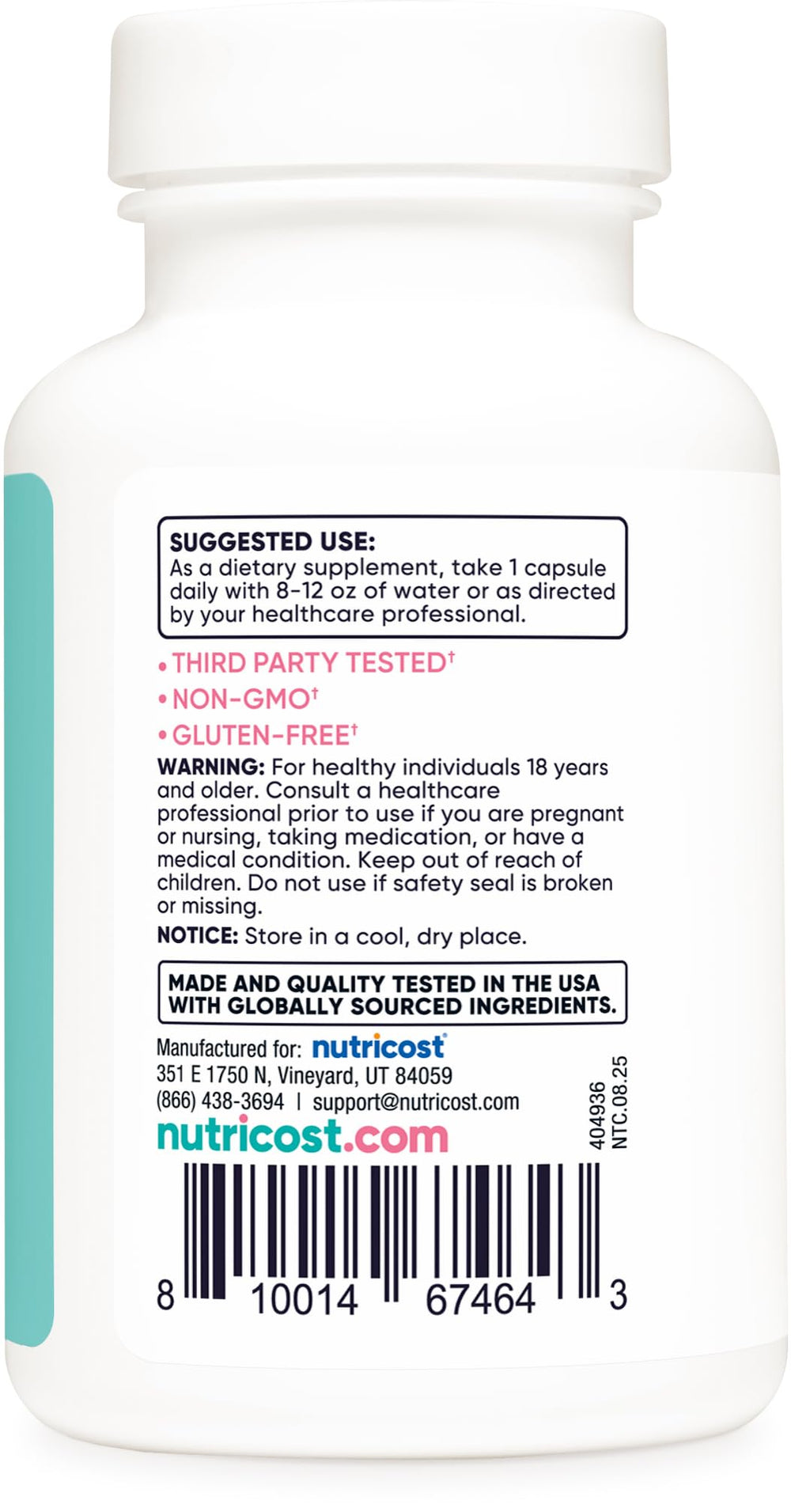 Gluten-free and non-GMO label on Nutricost Biotin packaging