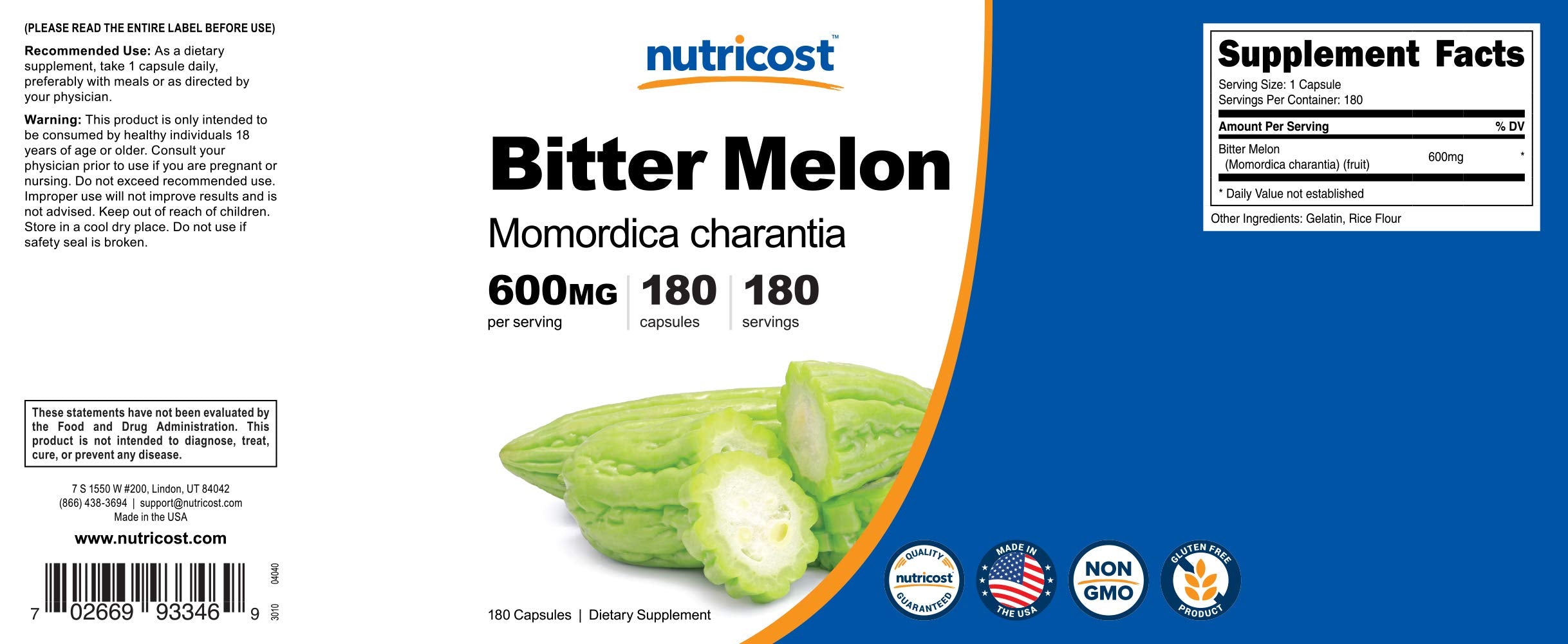 Nutricost Bitter Melon gluten-free and non-GMO seal on bottle.