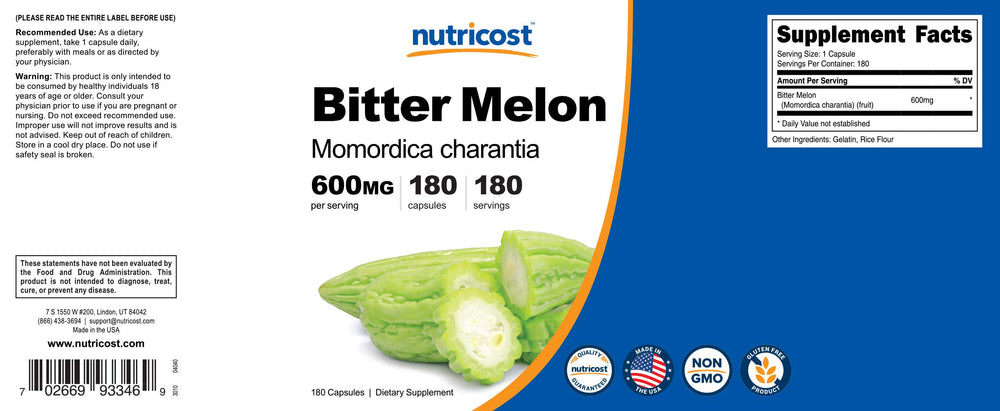 Nutricost Bitter Melon gluten-free and non-GMO seal on bottle.