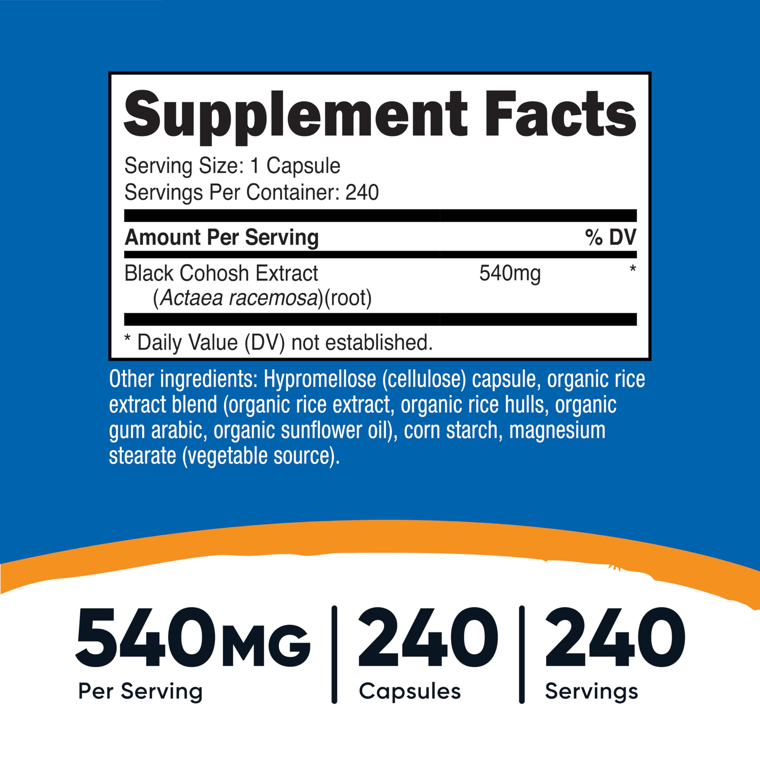 Nutricost Black Cohosh bottle back label highlights gluten-free, vegetarian formula.