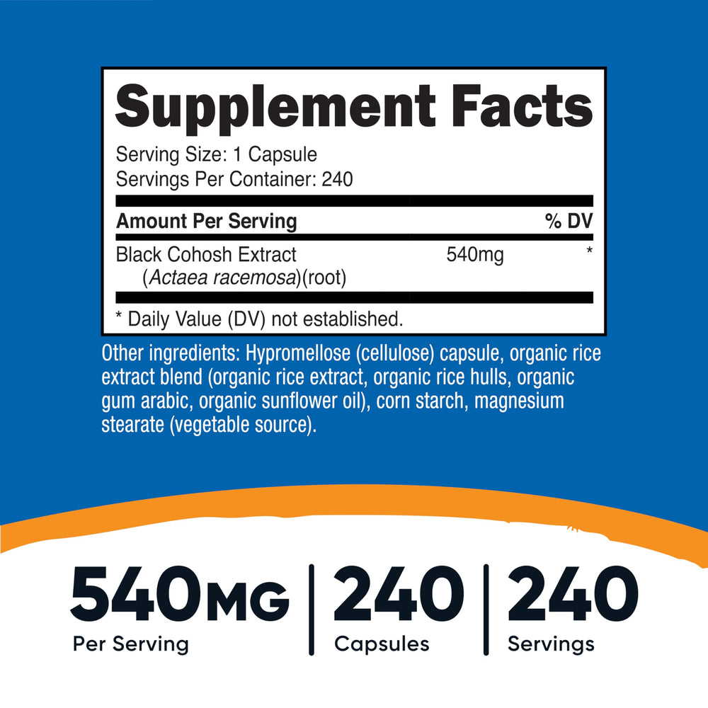 Nutricost Black Cohosh bottle back label highlights gluten-free, vegetarian formula.
