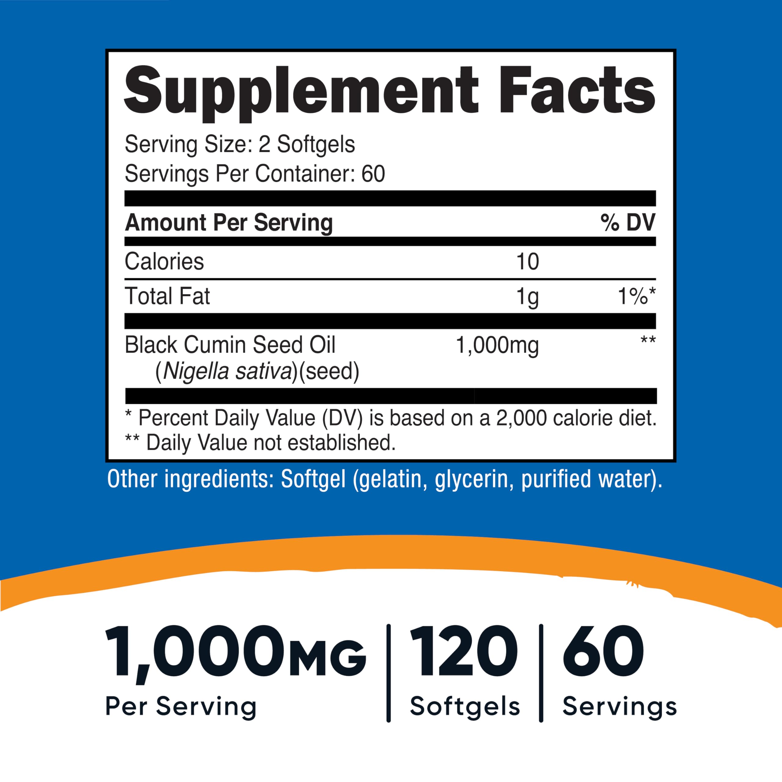 Nutricost Black Seed Oil softgels closeup highlighting easy to swallow format.