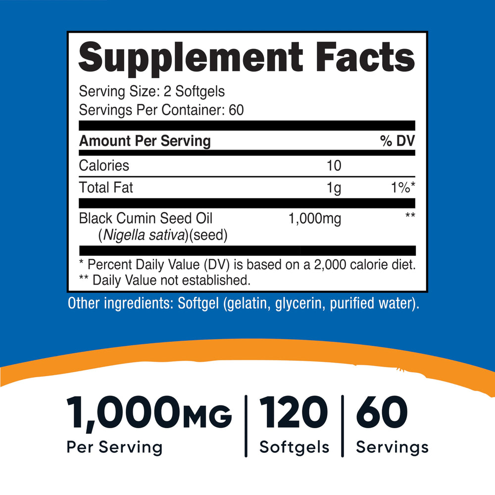 Nutricost Black Seed Oil softgels closeup highlighting easy to swallow format.