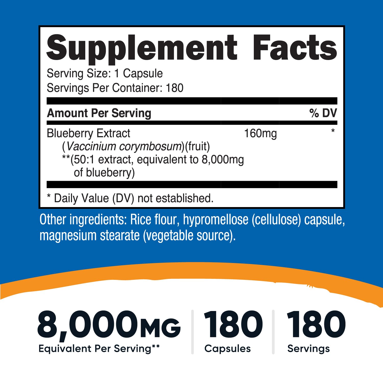 Nutricost Blueberry Extract capsules closeup, vegetarian and easy to swallow.