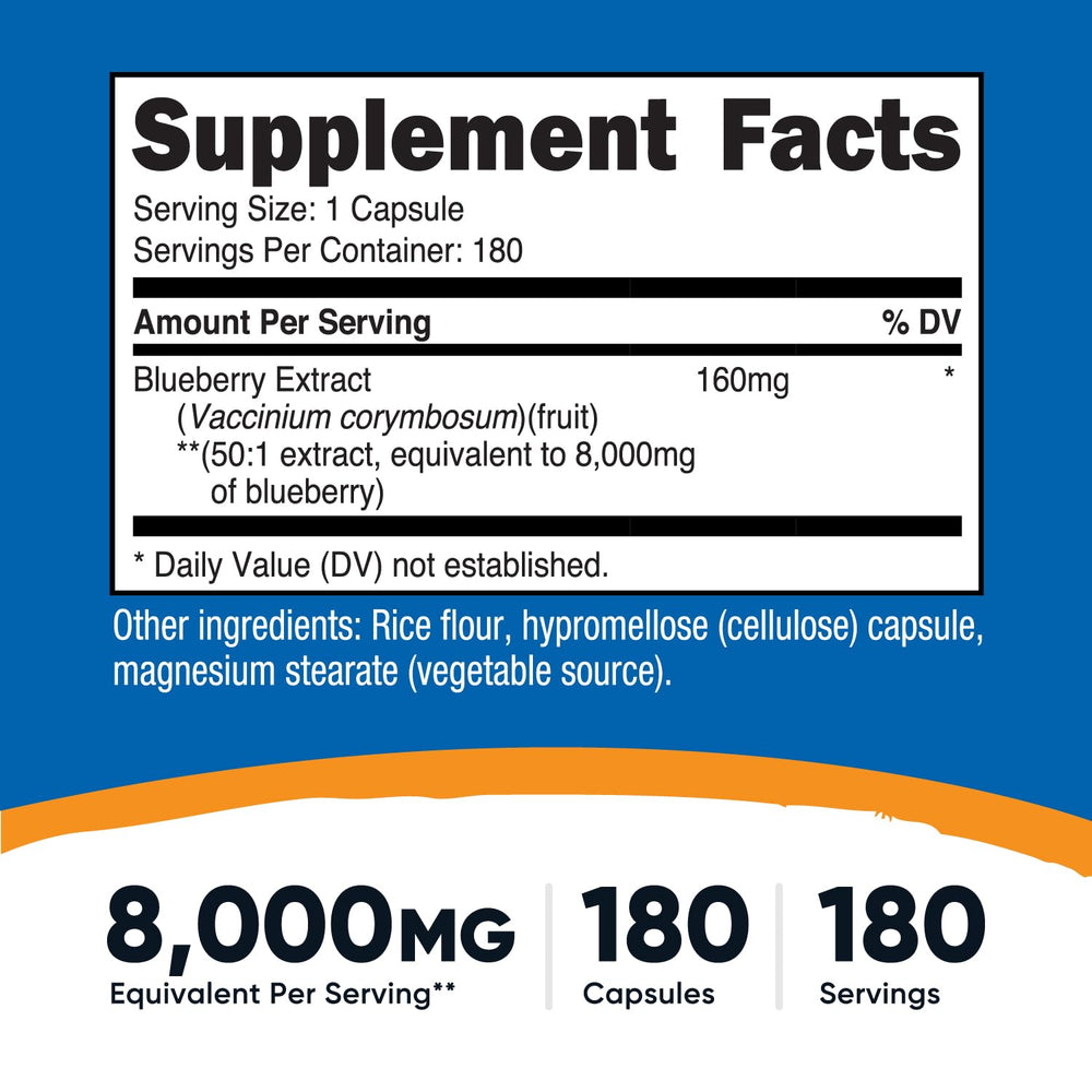 Nutricost Blueberry Extract capsules closeup, vegetarian and easy to swallow.