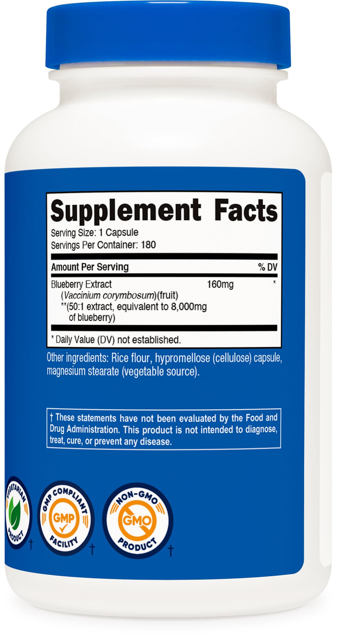 Nutricost Blueberry Extract factory logo indicating GMP and FDA registration.