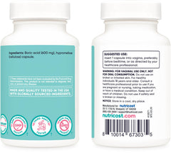 Nutricost boric acid 600mg packaging back detailing safety and usage information.