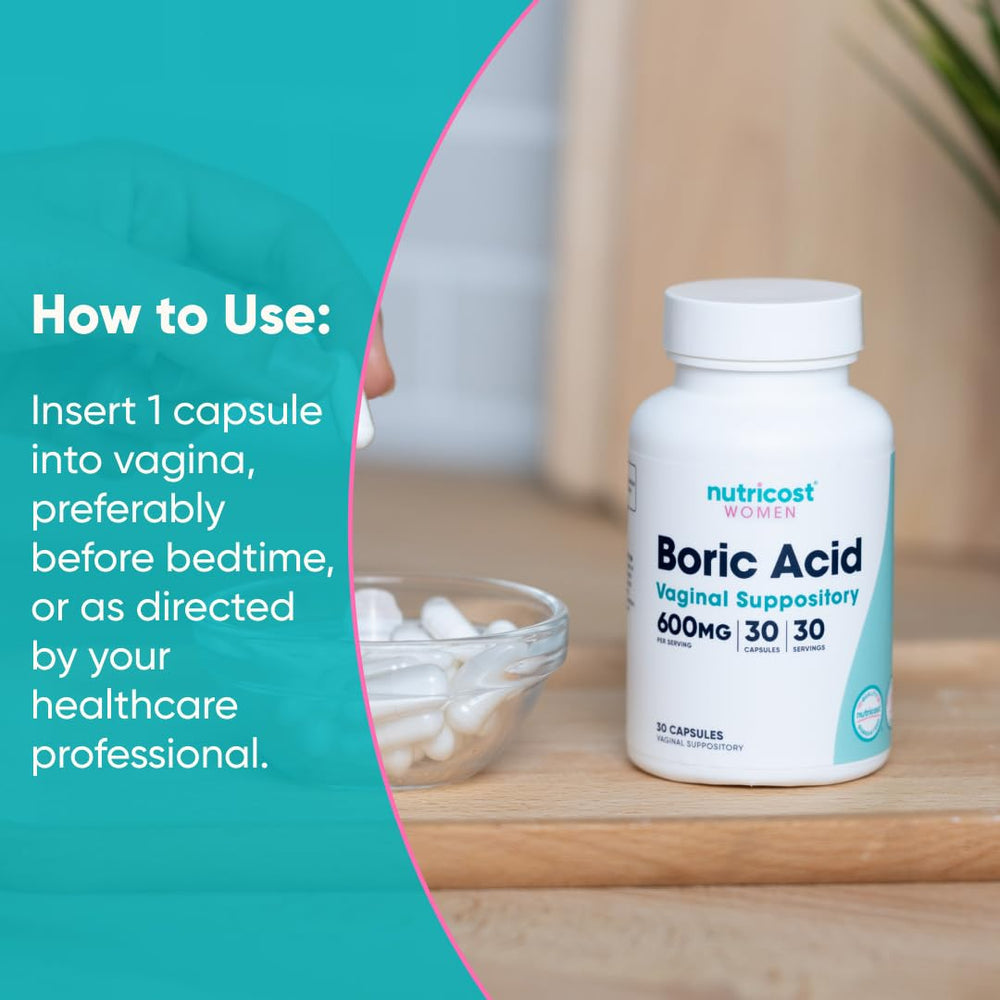 Nutricost boric acid 600mg plant-derived capsules emphasize non-GMO ingredients.