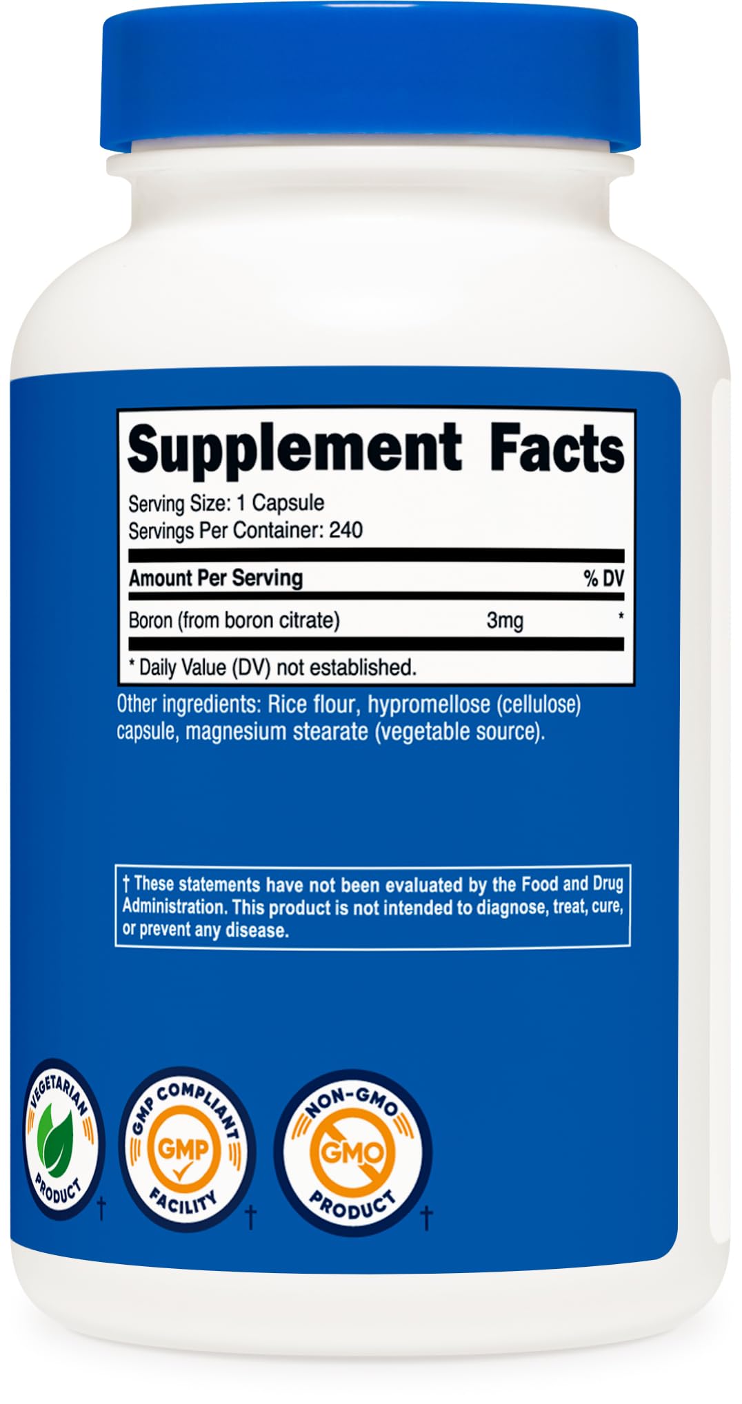 Bottle beside glass showing Nutricost Boron 3mg packaging.
