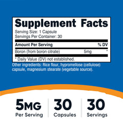 Nutricost Boron 5mg capsules label closeup showing dosage clarity