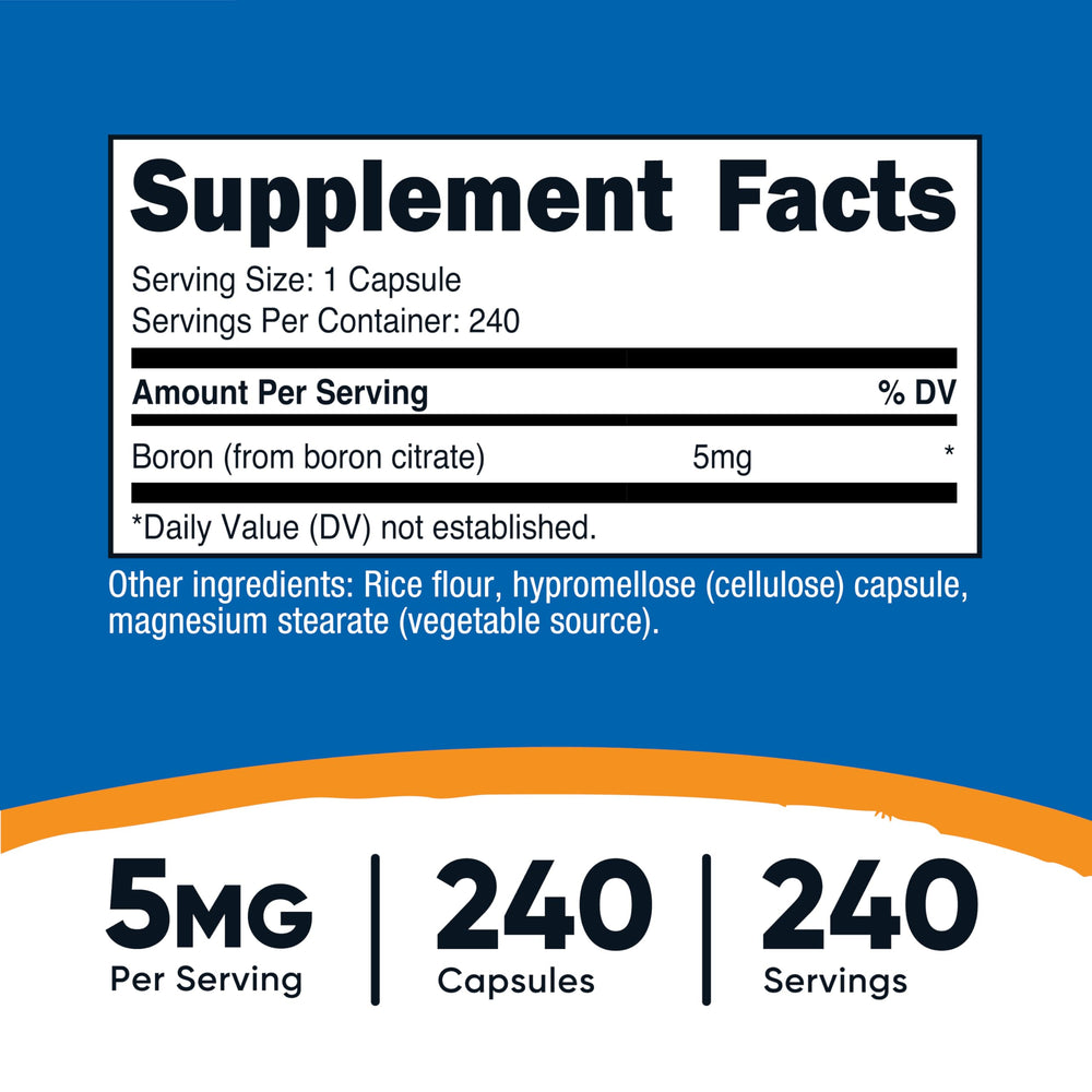 Nutricost Boron Capsules 5mg serving – easy daily dose for routine use.
