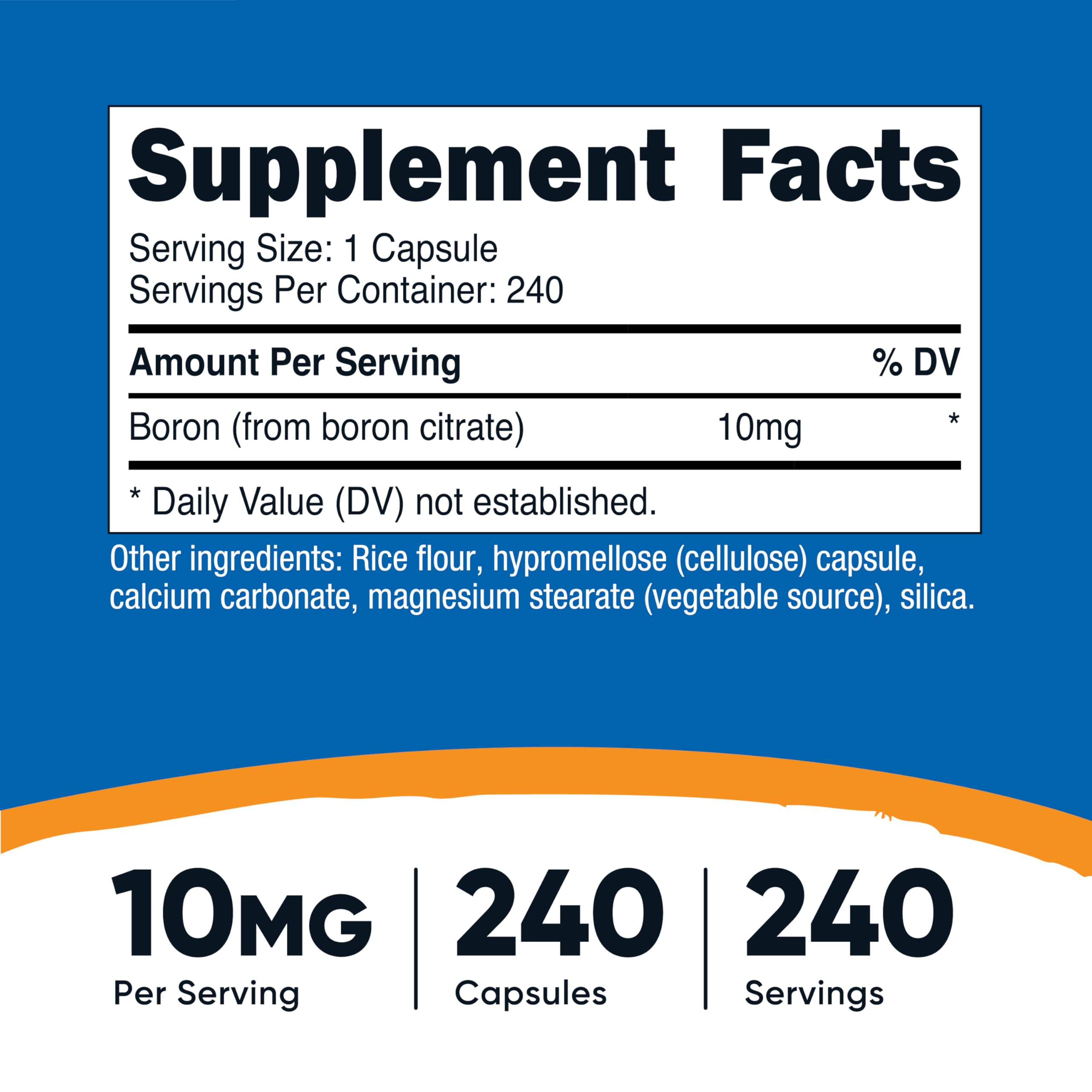 Nutricost boron capsules bottle label shows 10 mg per serving for easy dosing.