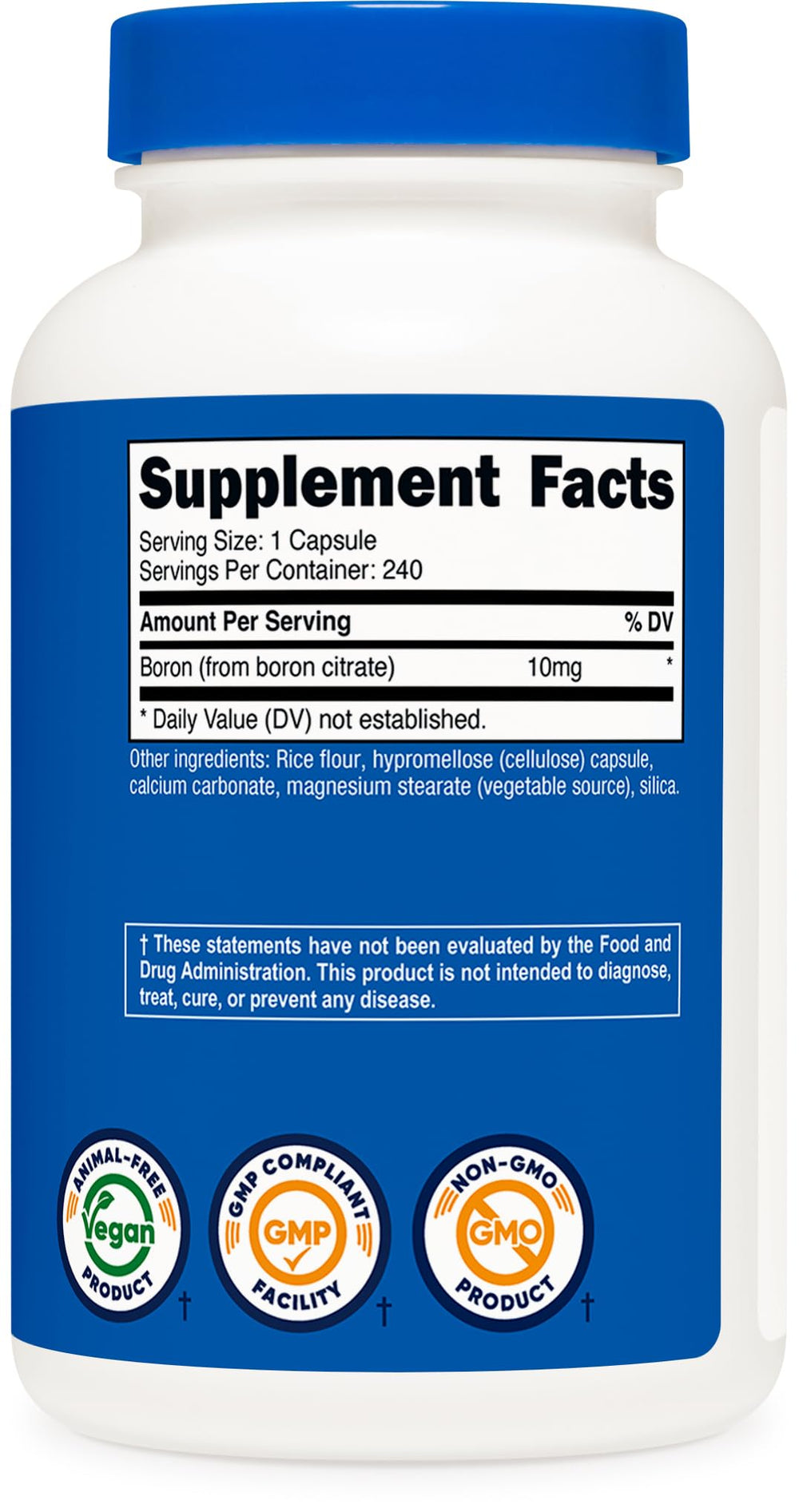 Nutricost boron capsules close-up highlighting boron citrate ingredient.