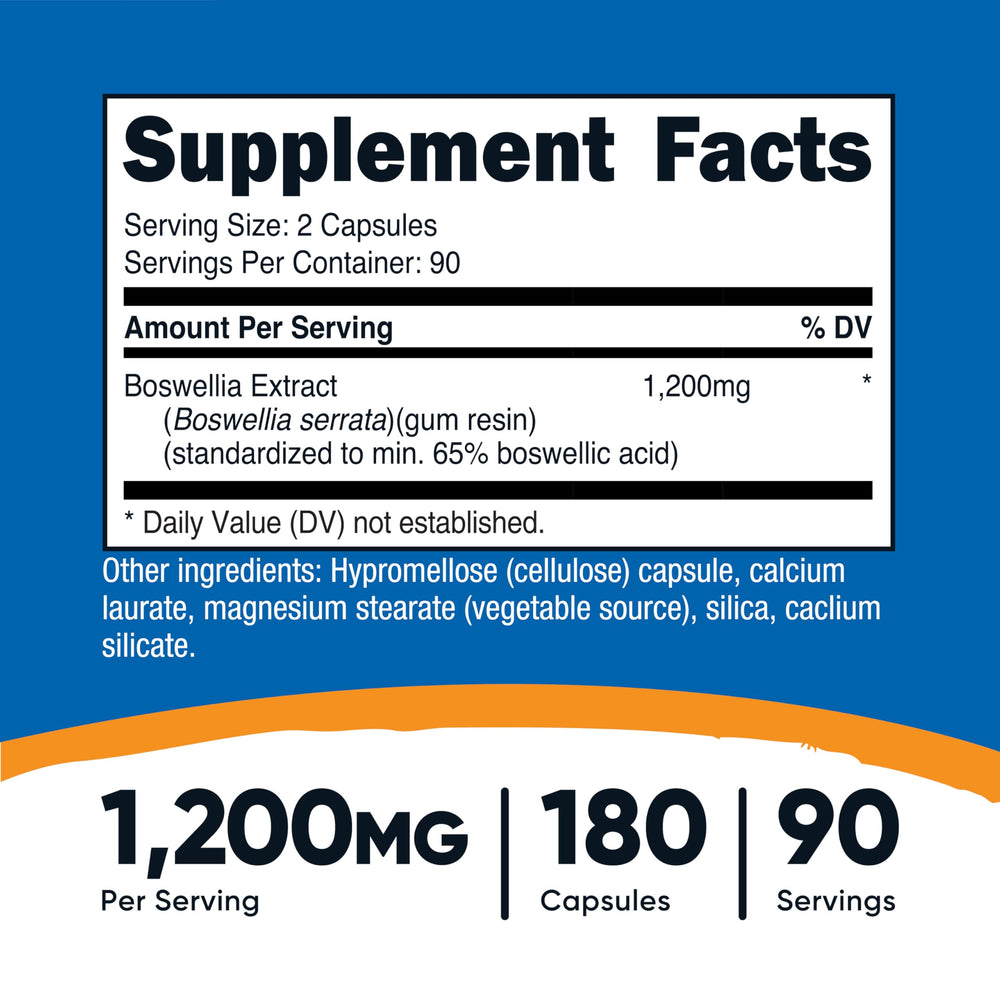 Nutricost Boswellia capsules close-up highlighting vegan and gluten-free formulation.