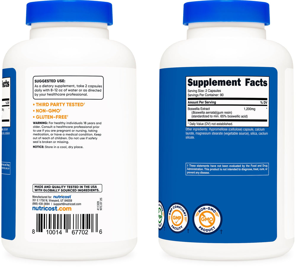 Nutricost Boswellia label ingredients featuring 65% boswellic acid content.