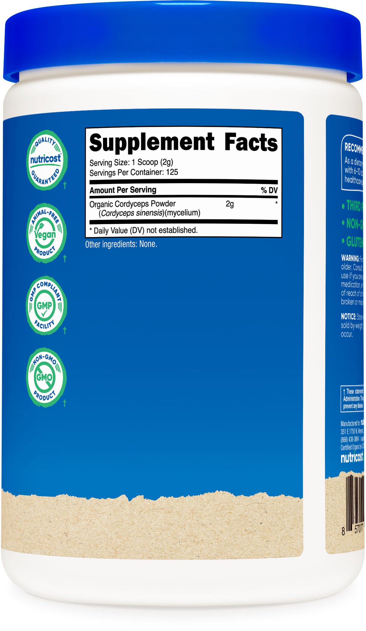 Nutricost certification badge on packaging for organic, gluten-free quality.