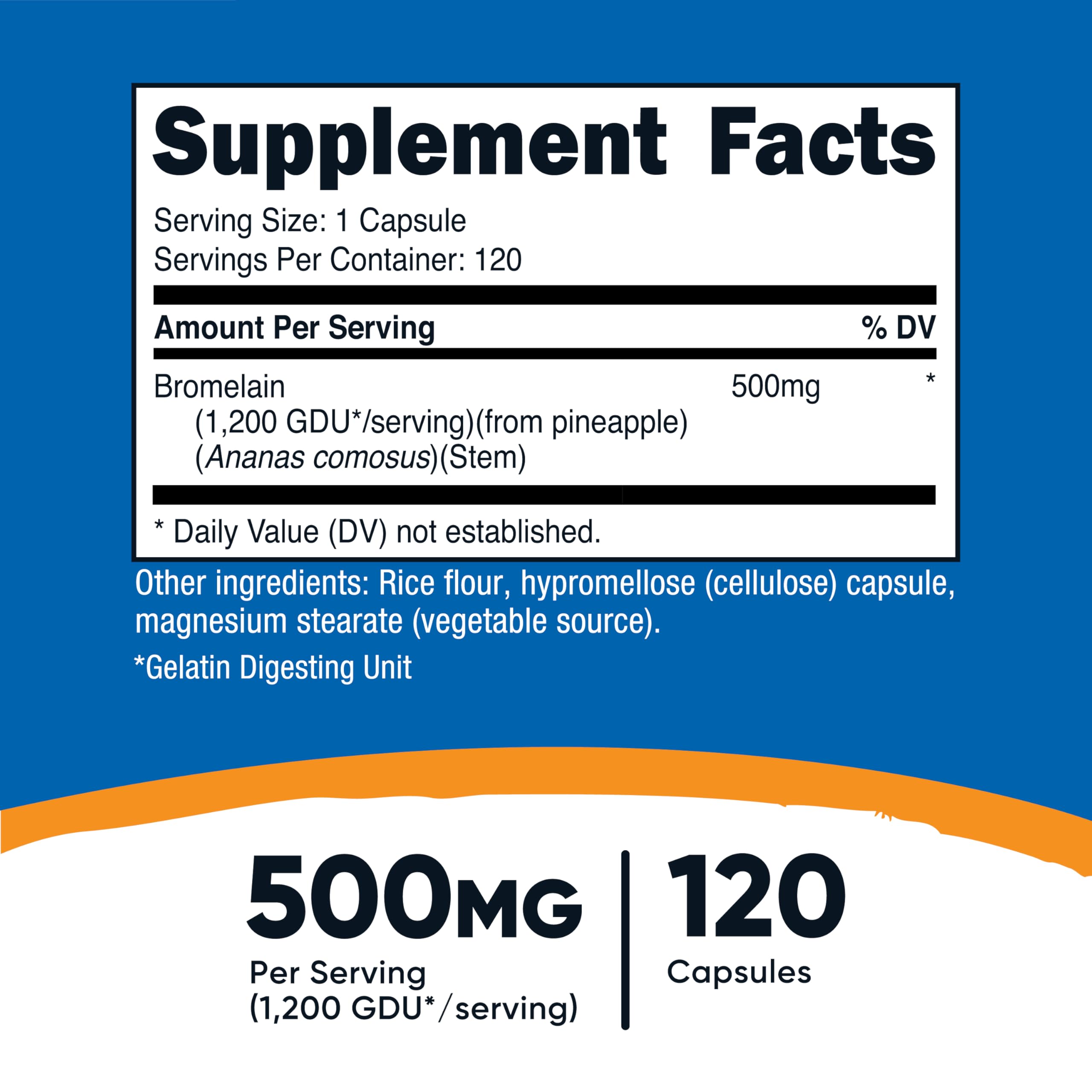 Nutricost Bromelain 500mg capsules closeup highlights vegetarian capsules for easy daily use.