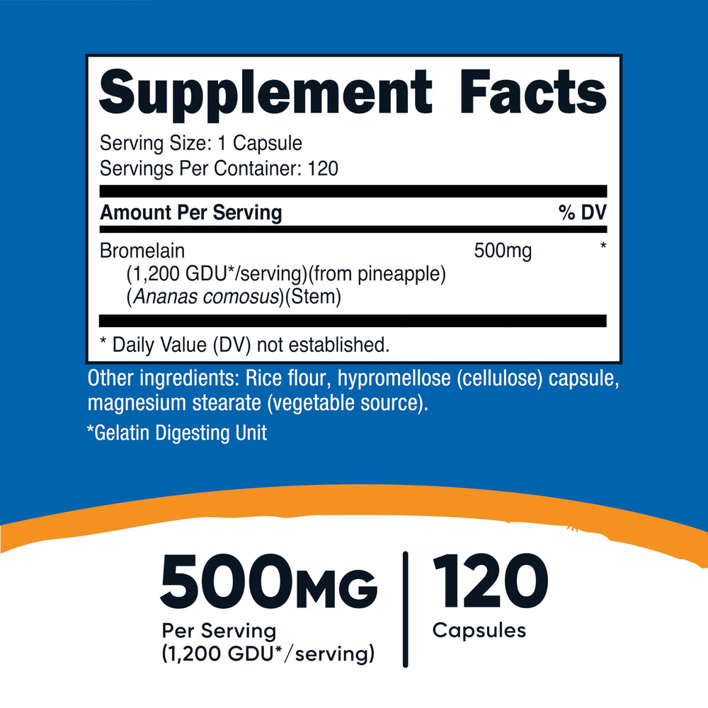 Nutricost Bromelain 500mg capsules closeup highlights vegetarian capsules for easy daily use.