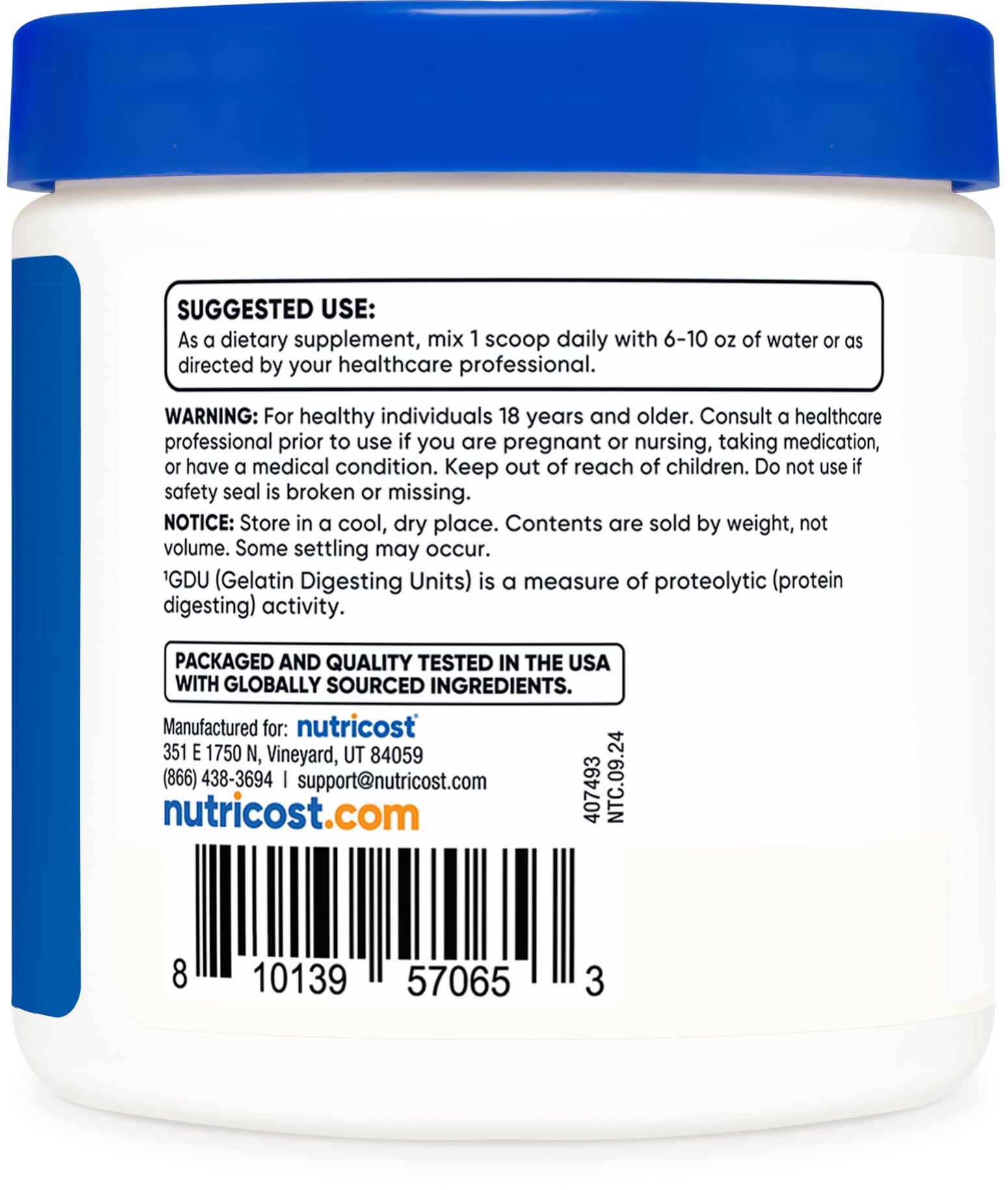 Nutricost Bromelain Powder measuring cup scene implying quick mix into beverages