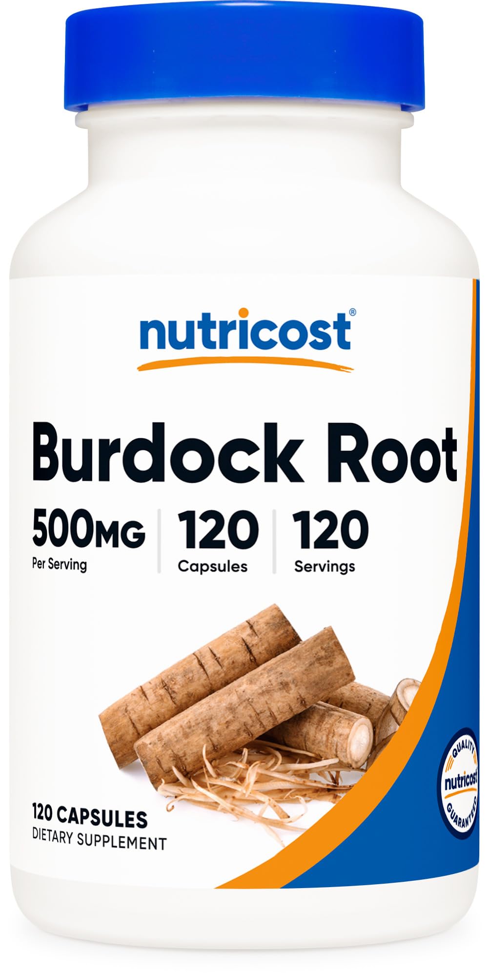 Nutricost Burdock Root 500mg bottle front, gluten-free and non-GMO supplement.