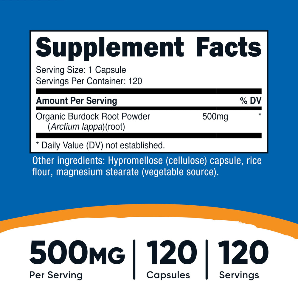 Nutricost Burdock Root 500mg capsules close-up for daily wellness.