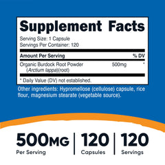 Nutricost Burdock Root 500mg capsules close-up for daily wellness.