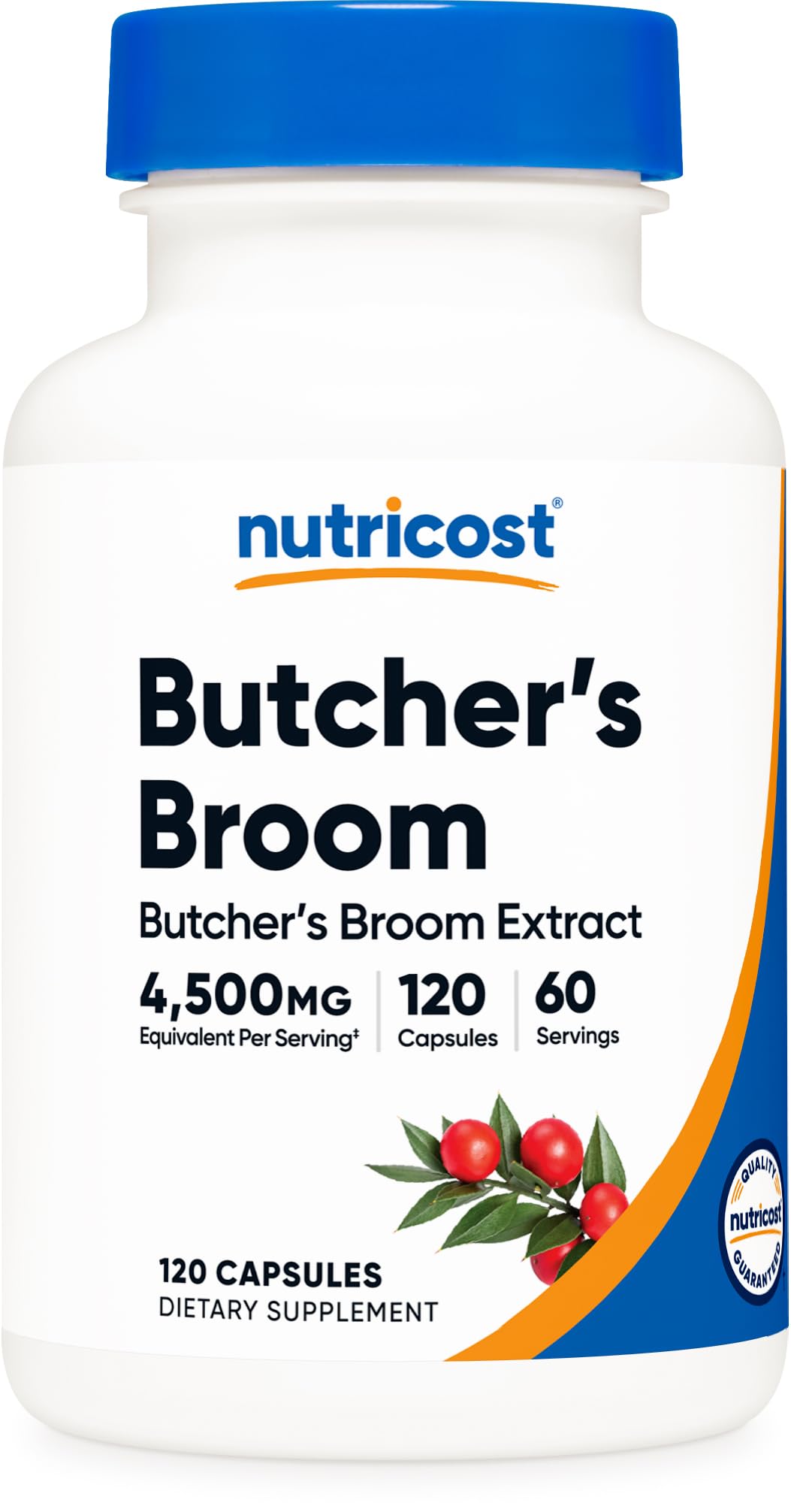 Nutricost Butcher's Broom extract bottle shows gluten-free capsules for daily use