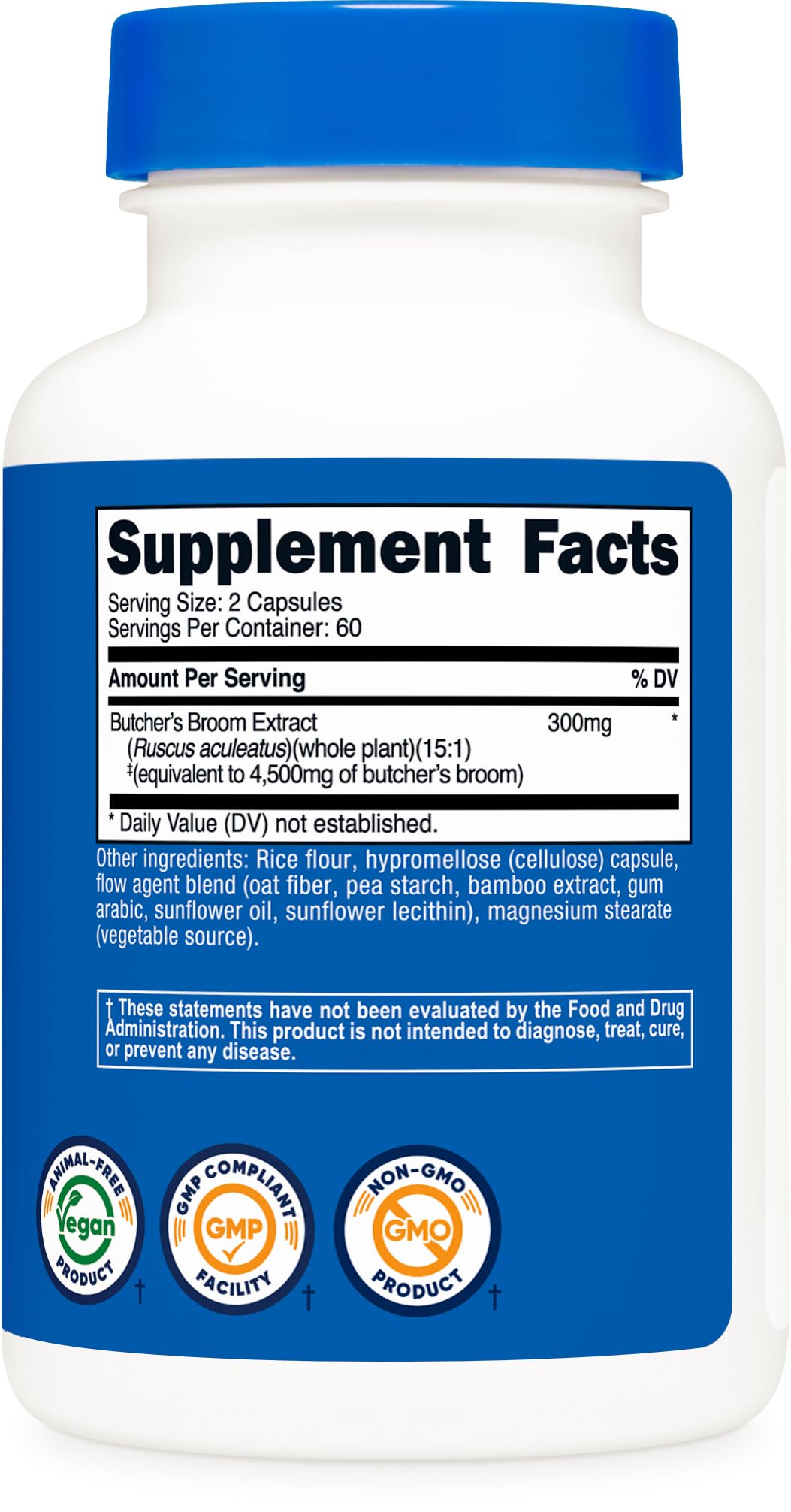 Nutricost Butcher's Broom ingredients panel shows clean, standard potency