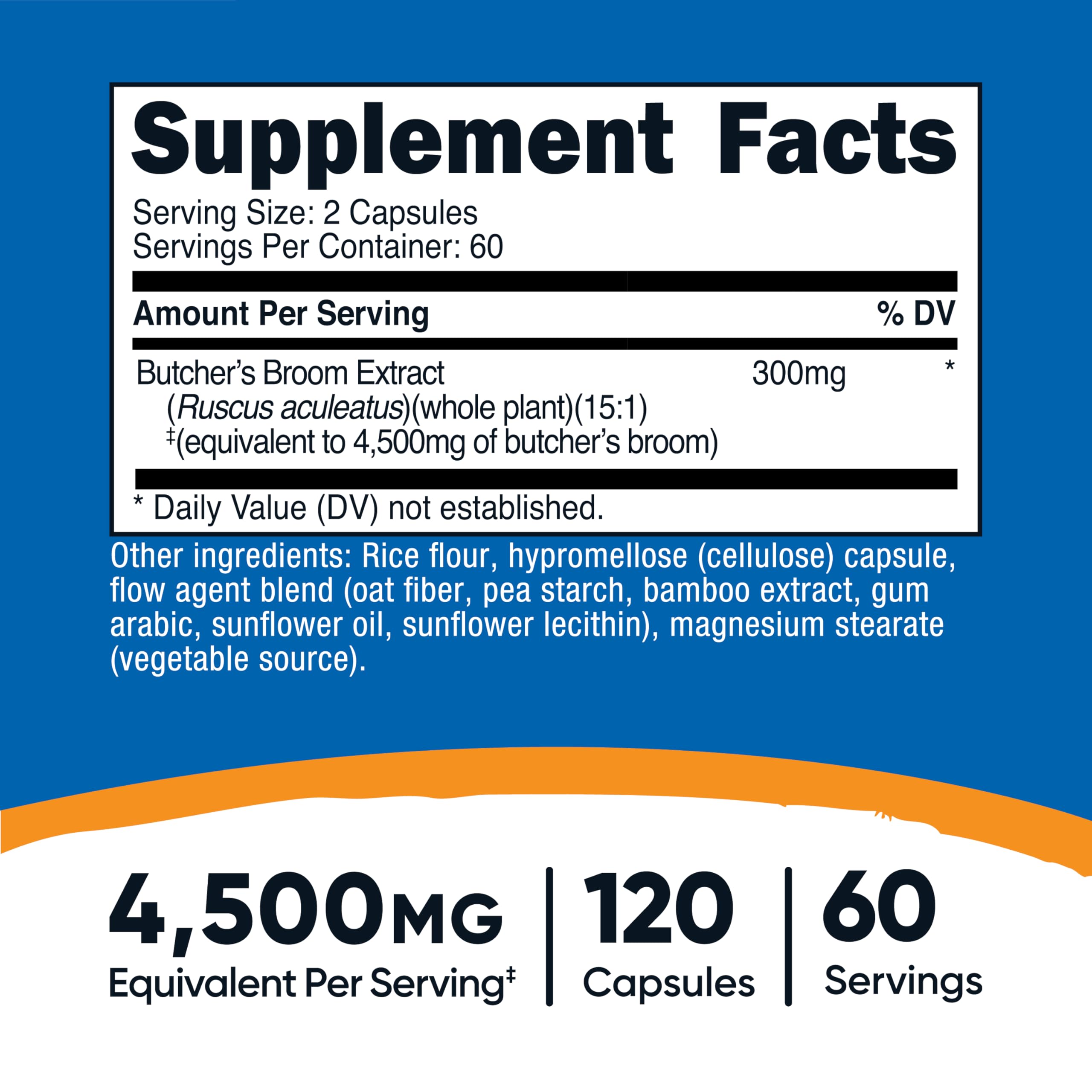 Nutricost Butcher's Broom extract label closeup highlights 4500 mg equivalent per serving