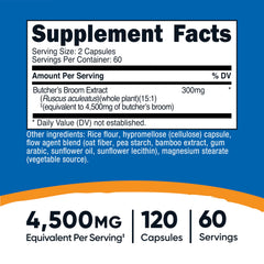 Nutricost Butcher's Broom extract label closeup highlights 4500 mg equivalent per serving