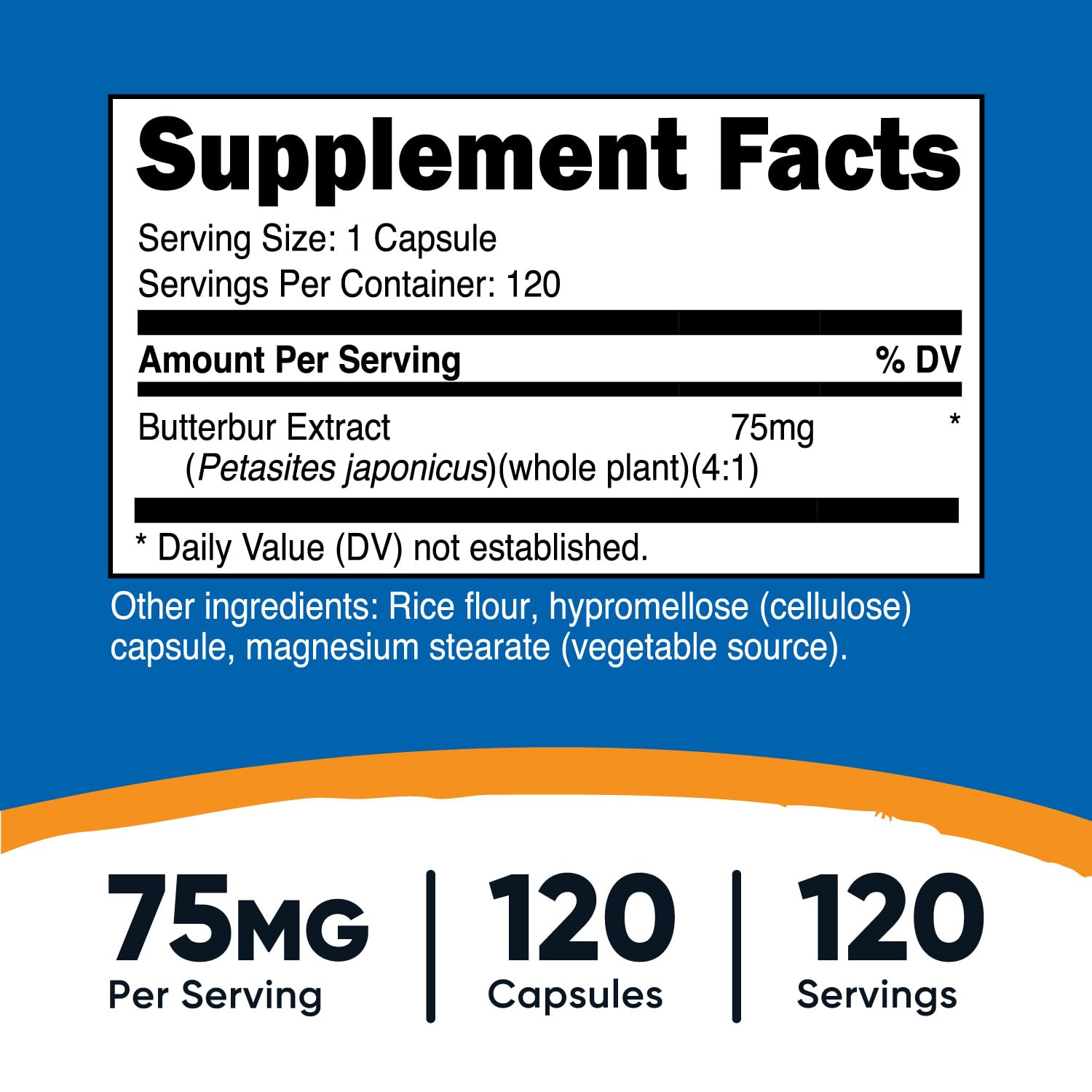 Nutricost Butterbur capsules closeup shows 75 mg dosage for everyday support.