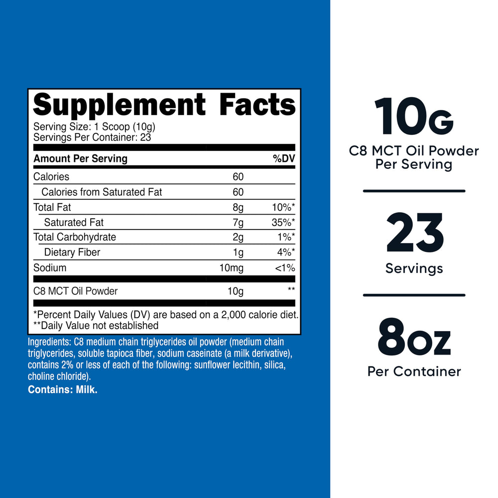 Nutricost C8 MCT label close-up shows 95% C8.