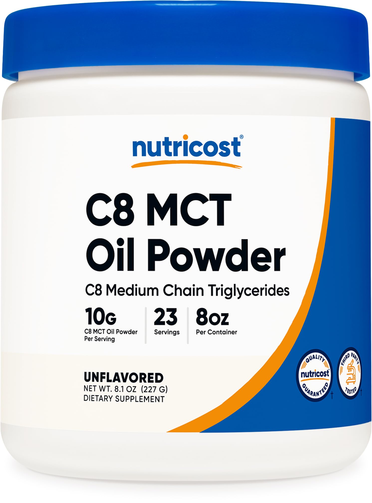Nutricost C8 MCT Oil Powder packaging shows 95% C8 content.